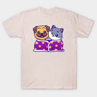 Cute Pug Dog And Cat Wearing Blanket Together Cartoon T-Shirt